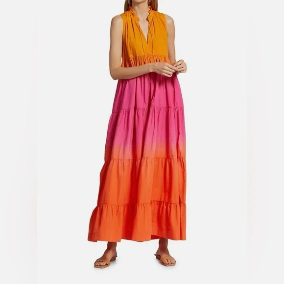 SWF Sunset Ombré Tiered Cotton Maxi Dress Ruffle Neck Boho Resort XS - Picture 1 of 5